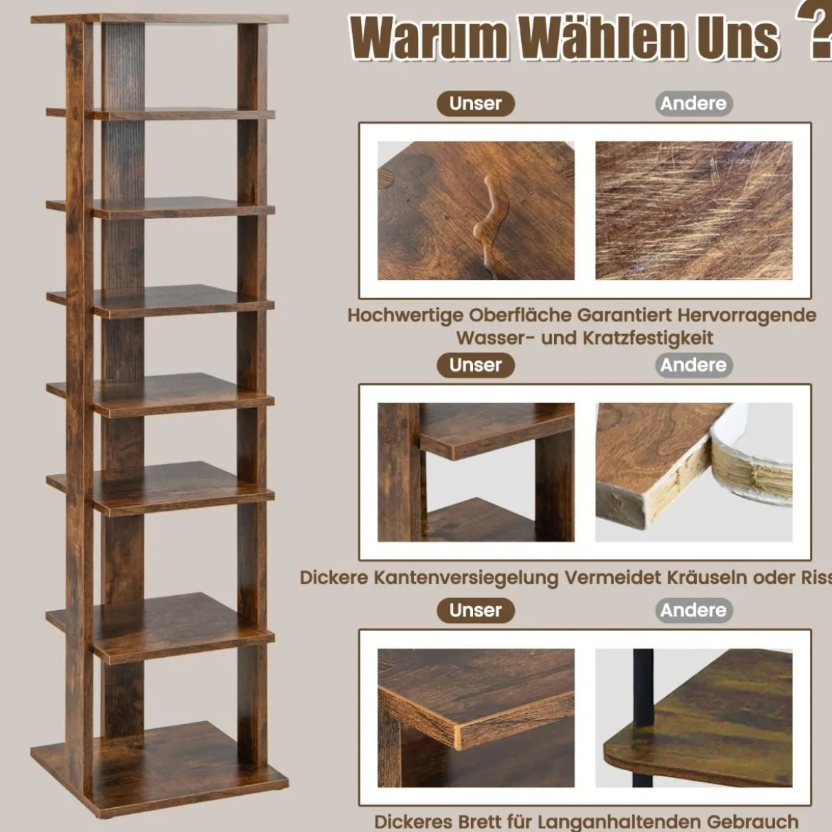 Höheverstellbarer 8 stufiger Schuhständer aus Holz Platzsparendes Schuhregal Braun
