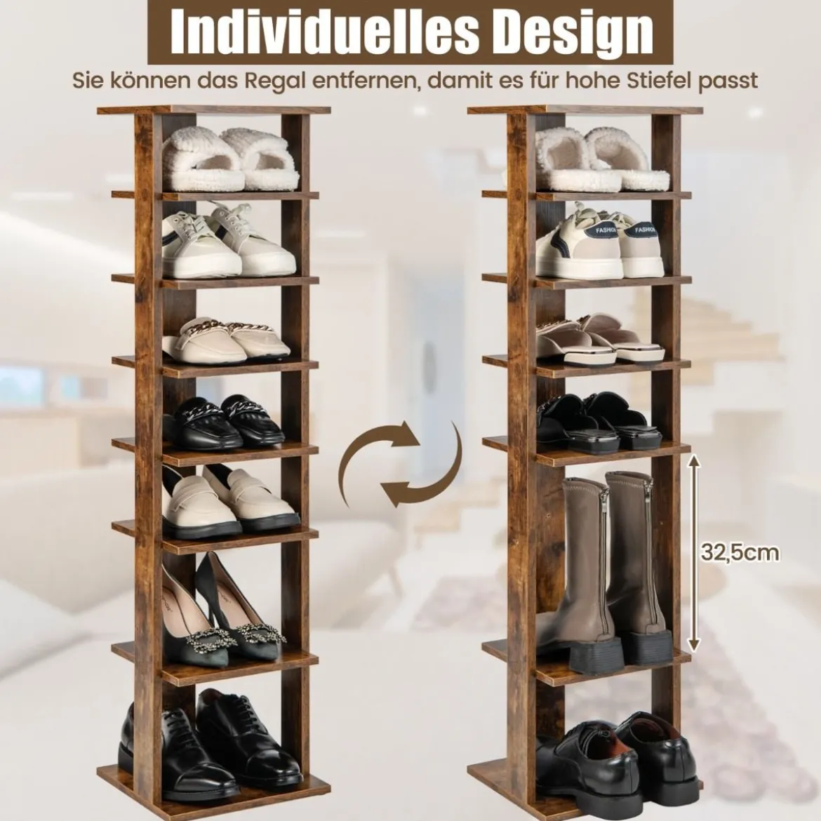 Höheverstellbarer 8 stufiger Schuhständer aus Holz Platzsparendes Schuhregal Braun