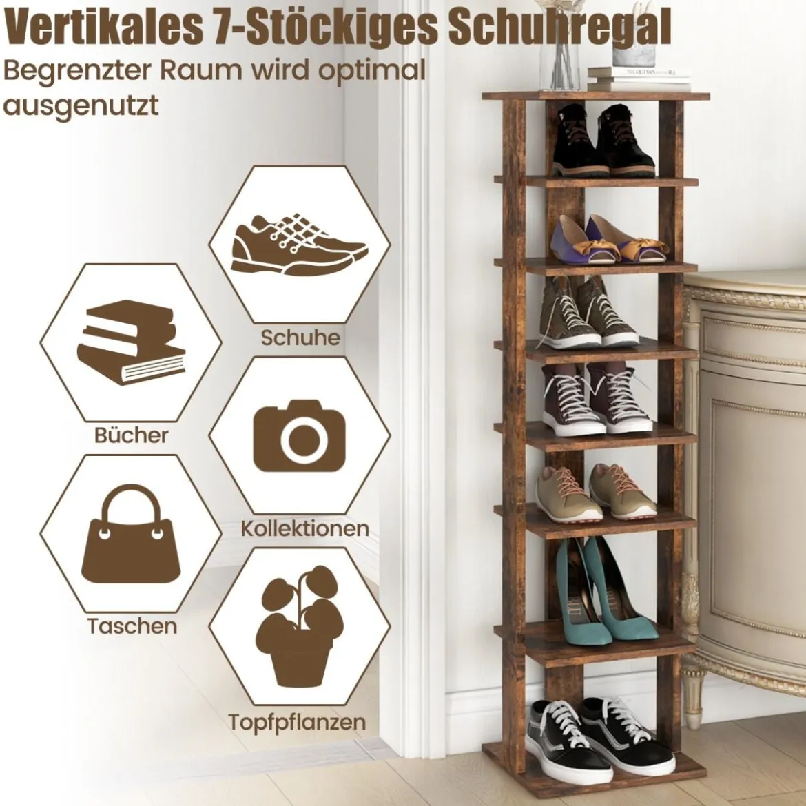 Höheverstellbarer 8 stufiger Schuhständer aus Holz Platzsparendes Schuhregal Braun