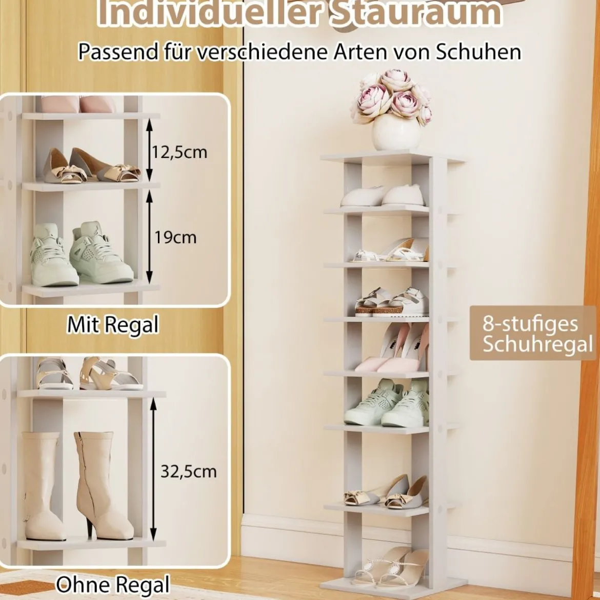 Höheverstellbarer 8 Stufiger Schuhständer aus Holz Platzsparendes Schuhregal Grau