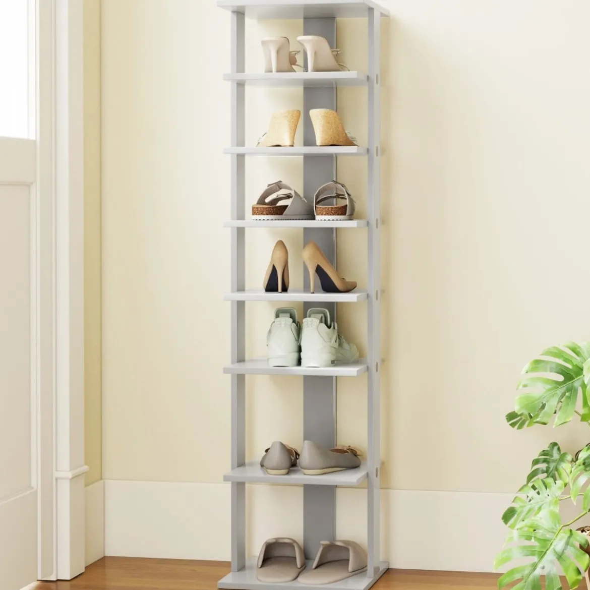 Höheverstellbarer 8 Stufiger Schuhständer aus Holz Platzsparendes Schuhregal Grau