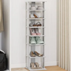 Höheverstellbarer 8 Stufiger Schuhständer aus Holz Platzsparendes Schuhregal Grau