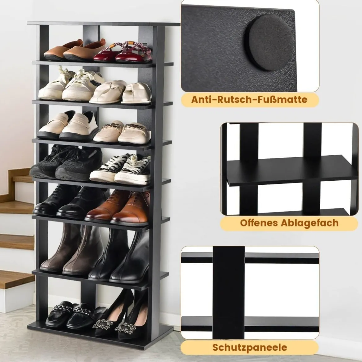 Höheverstellbarer 8 stufiger Schuhständer aus Holz Schuhregal Freistehender Eckregal Braun