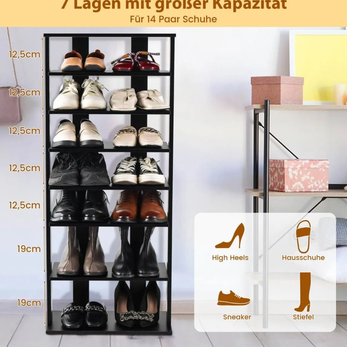 Höheverstellbarer 8 stufiger Schuhständer aus Holz Schuhregal Freistehender Eckregal Braun