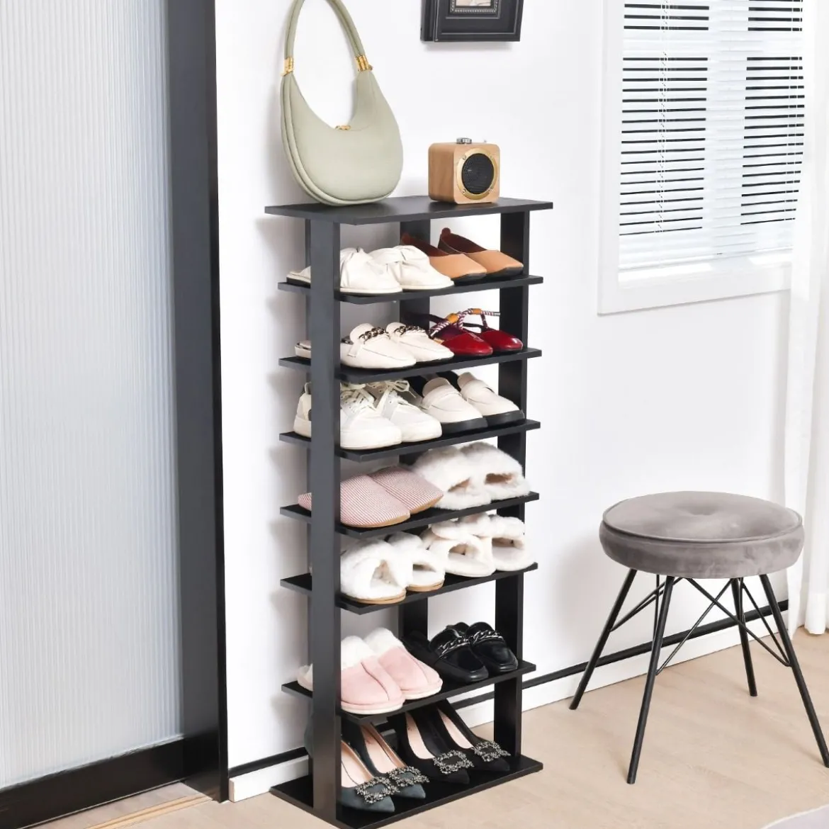 Höheverstellbarer 8 stufiger Schuhständer aus Holz Schuhregal Freistehender Eckregal Braun