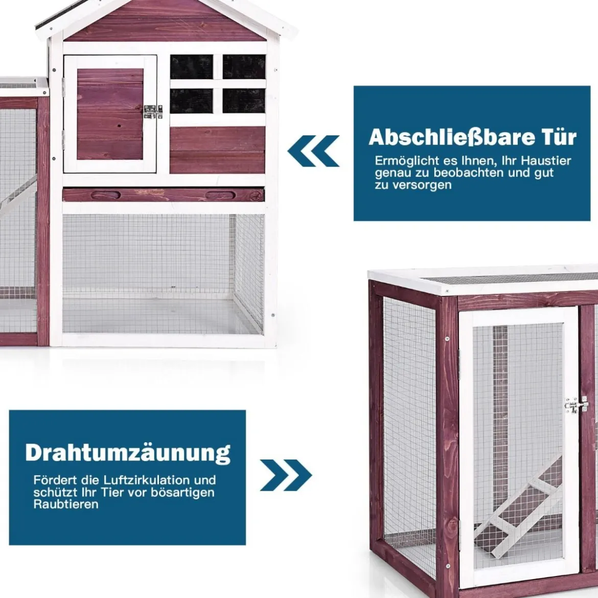 Hühnerstall Hühnerhaus wetterfest Kaninchenkäfig mit ausziehbarem Tablett Weiß und Rot