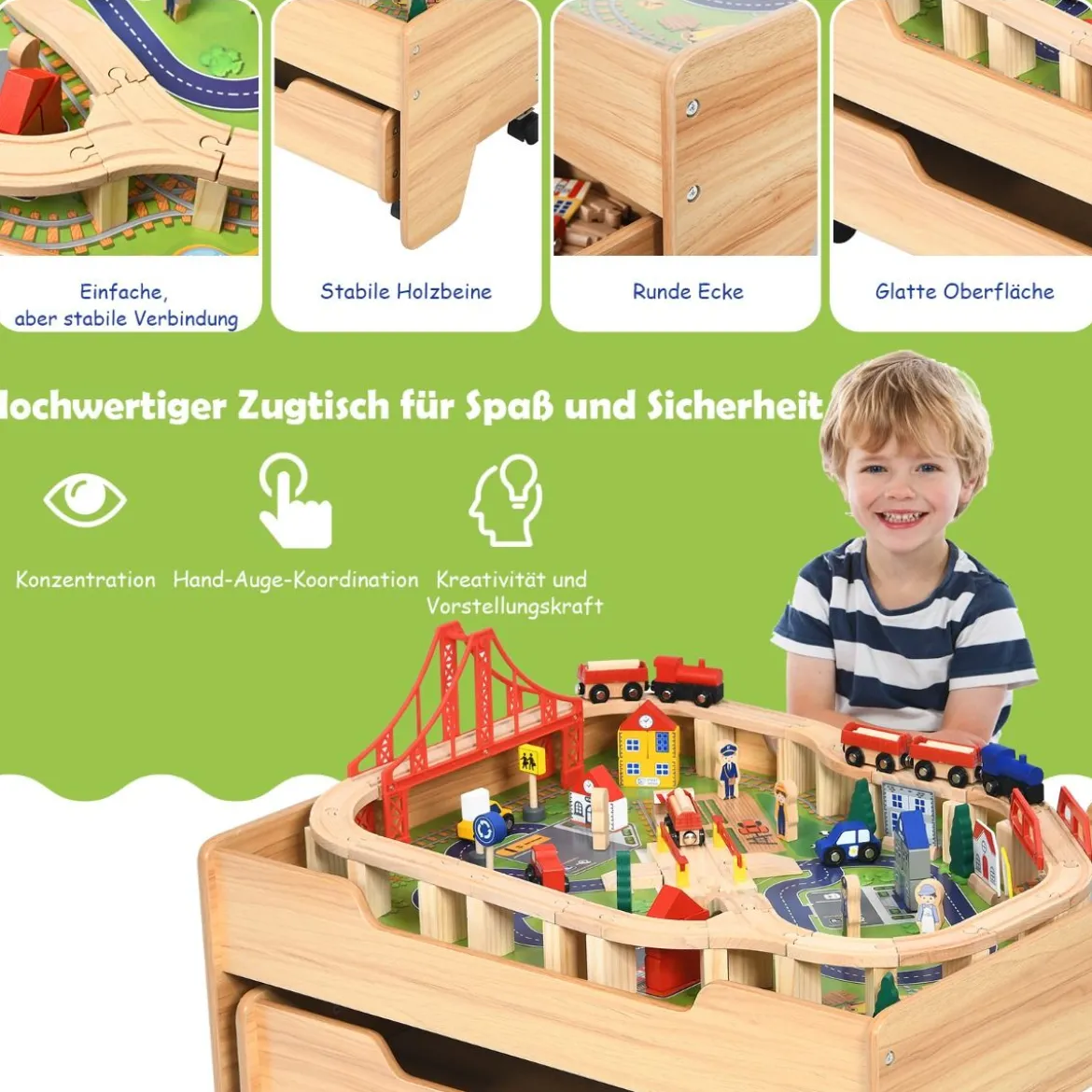 Hölzerne Kindereisenbahn Zug Holzeisenbahn set Aktivitätstisch mit Schublade 78 x 63 x 33 cm Natur