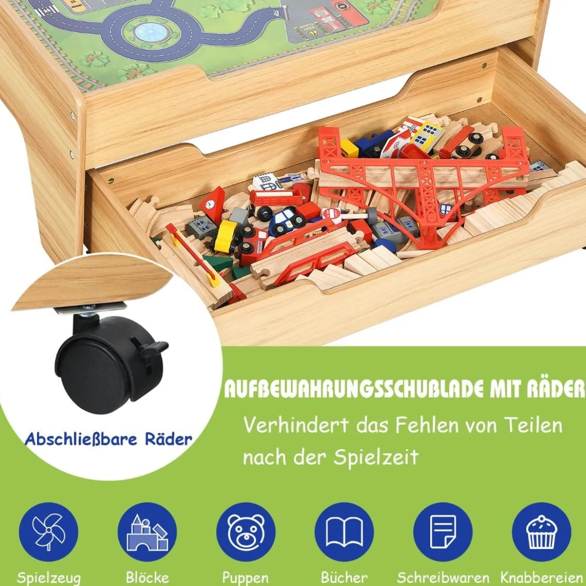 Hölzerne Kindereisenbahn Zug Holzeisenbahn set Aktivitätstisch mit Schublade 78 x 63 x 33 cm Natur