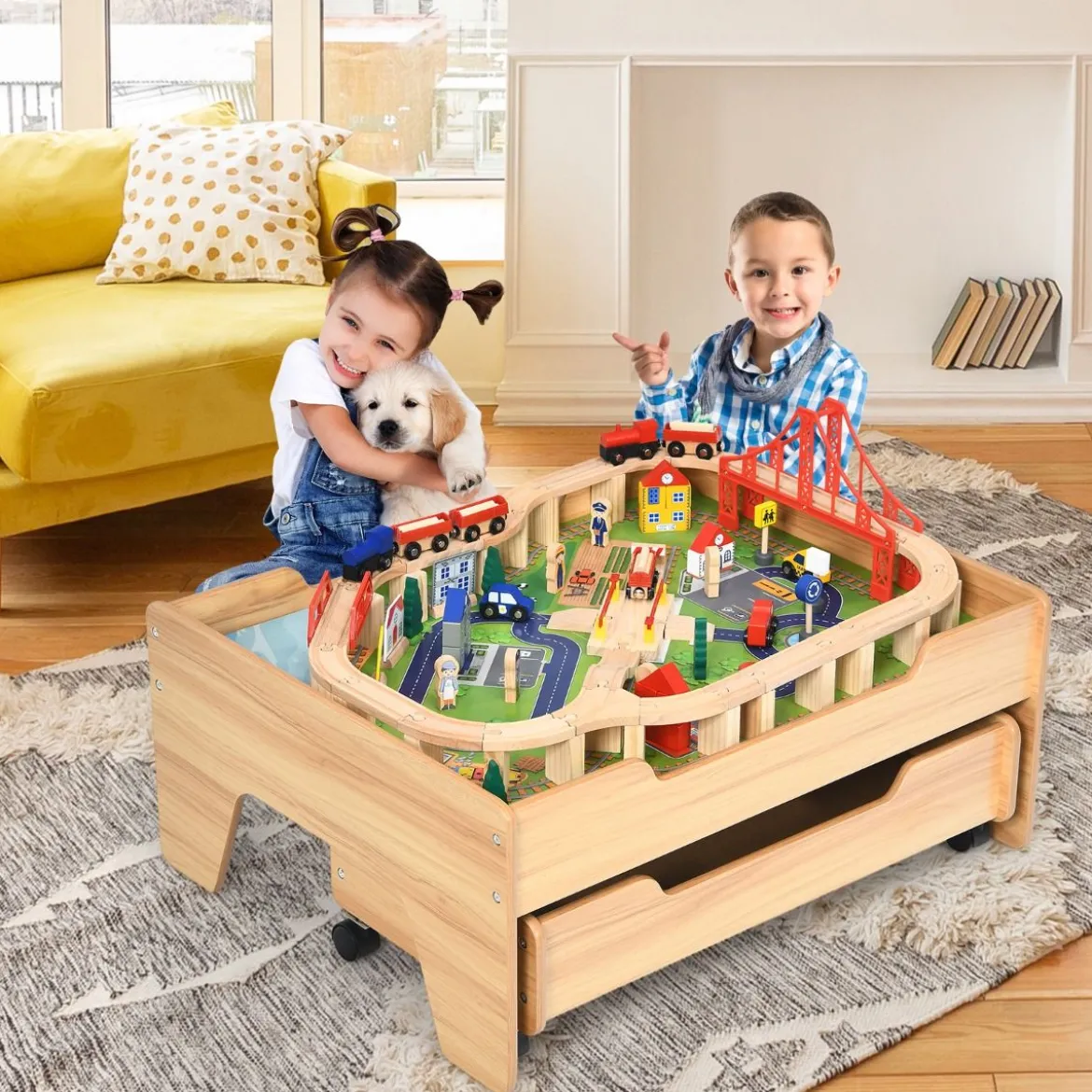 Hölzerne Kindereisenbahn Zug Holzeisenbahn set Aktivitätstisch mit Schublade 78 x 63 x 33 cm Natur