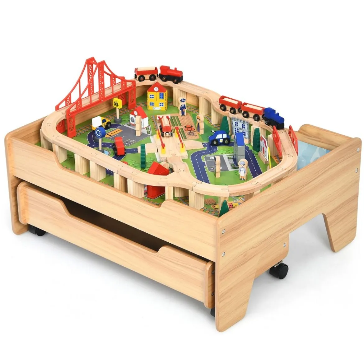 Hölzerne Kindereisenbahn Zug Holzeisenbahn set Aktivitätstisch mit Schublade 78 x 63 x 33 cm Natur