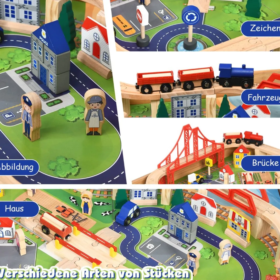 Hölzerne Kindereisenbahn Zug Holzeisenbahn set Aktivitätstisch mit Schublade 78 x 63 x 33 cm Natur