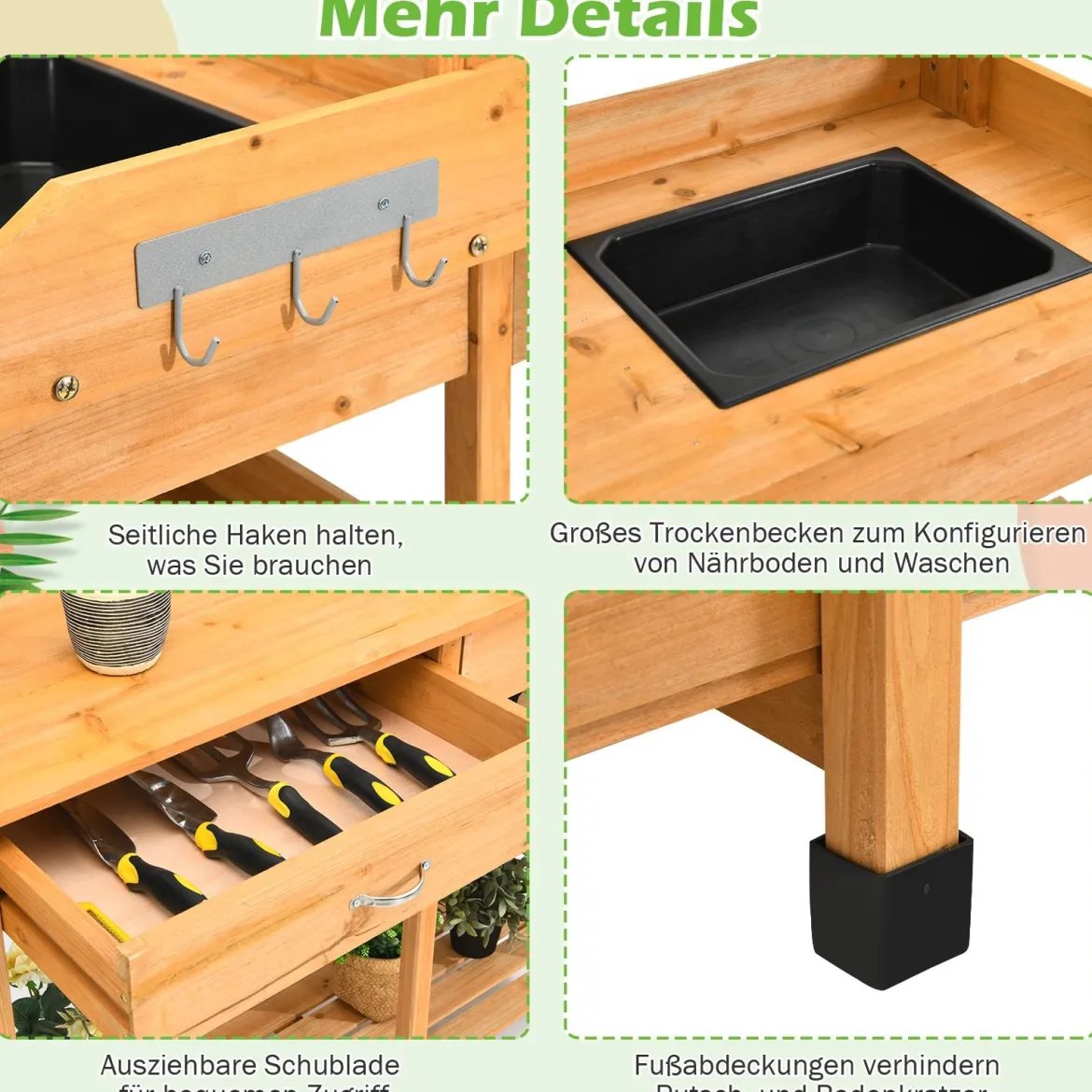 Hölzerne Pflanzbank Massivholz-Gartenarbeitstisch Pflanztisch Garten Arbeitstisch 115 x 45 x 121 cm Natur