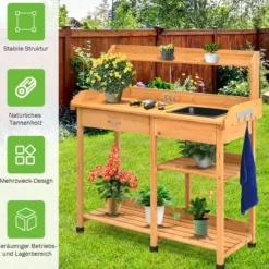 Hölzerne Pflanzbank Massivholz-Gartenarbeitstisch Pflanztisch Garten Arbeitstisch 115 x 45 x 121 cm Natur