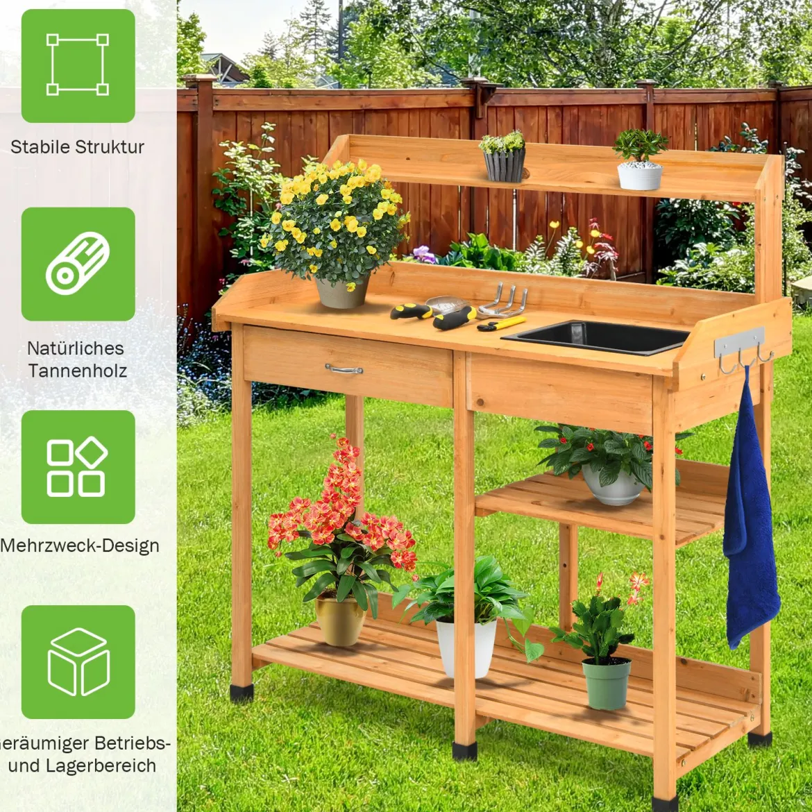 Hölzerne Pflanzbank Massivholz-Gartenarbeitstisch Pflanztisch Garten Arbeitstisch 115 x 45 x 121 cm Natur