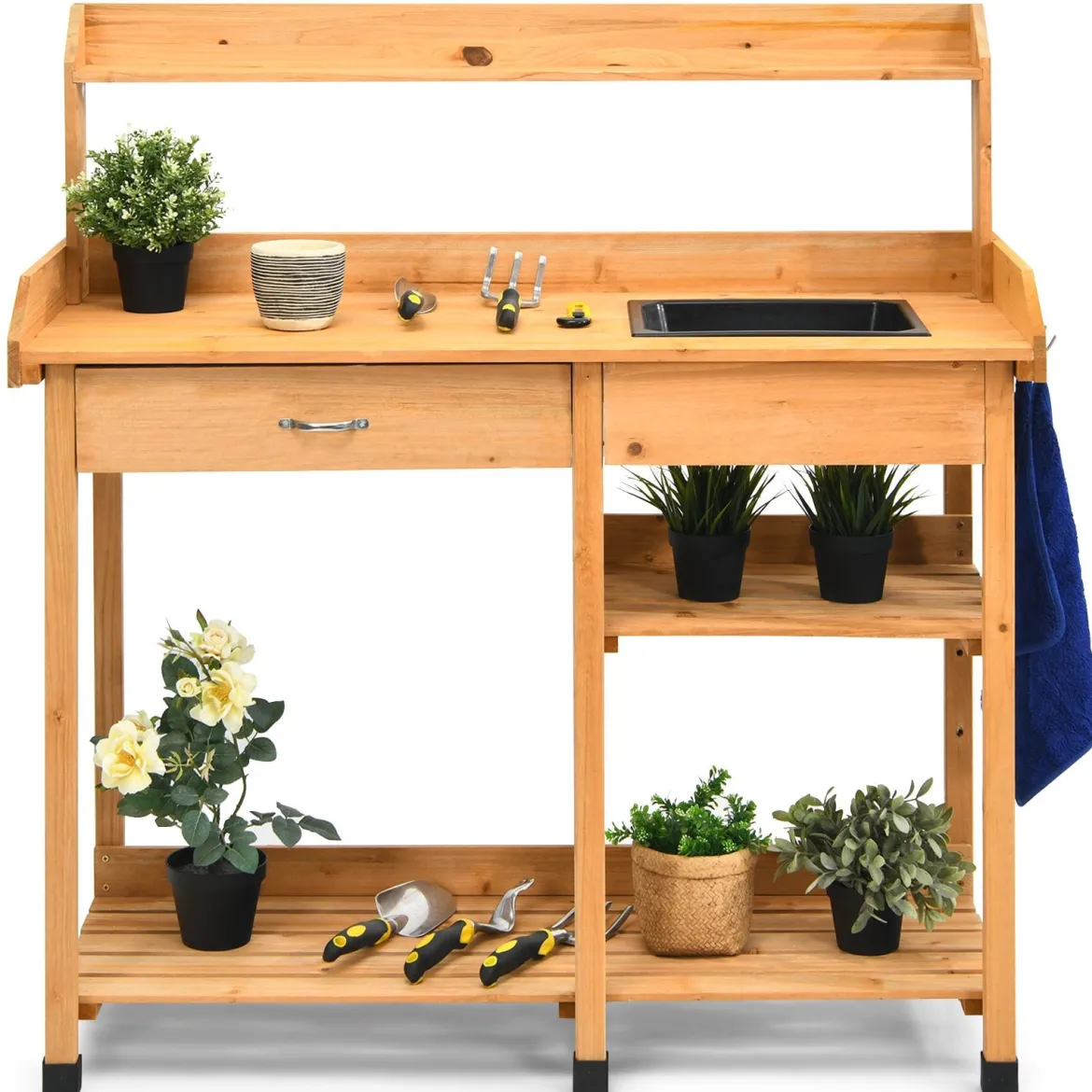 Hölzerne Pflanzbank Massivholz-Gartenarbeitstisch Pflanztisch Garten Arbeitstisch 115 x 45 x 121 cm Natur
