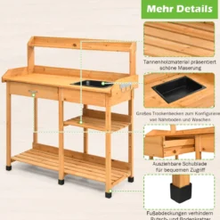 Hölzerne Pflanzbank Massivholz-Gartenarbeitstisch Pflanztisch Garten Arbeitstisch 115 x 45 x 121 cm Natur