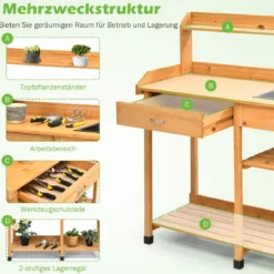 Hölzerne Pflanzbank Massivholz-Gartenarbeitstisch Pflanztisch Garten Arbeitstisch 115 x 45 x 121 cm Natur