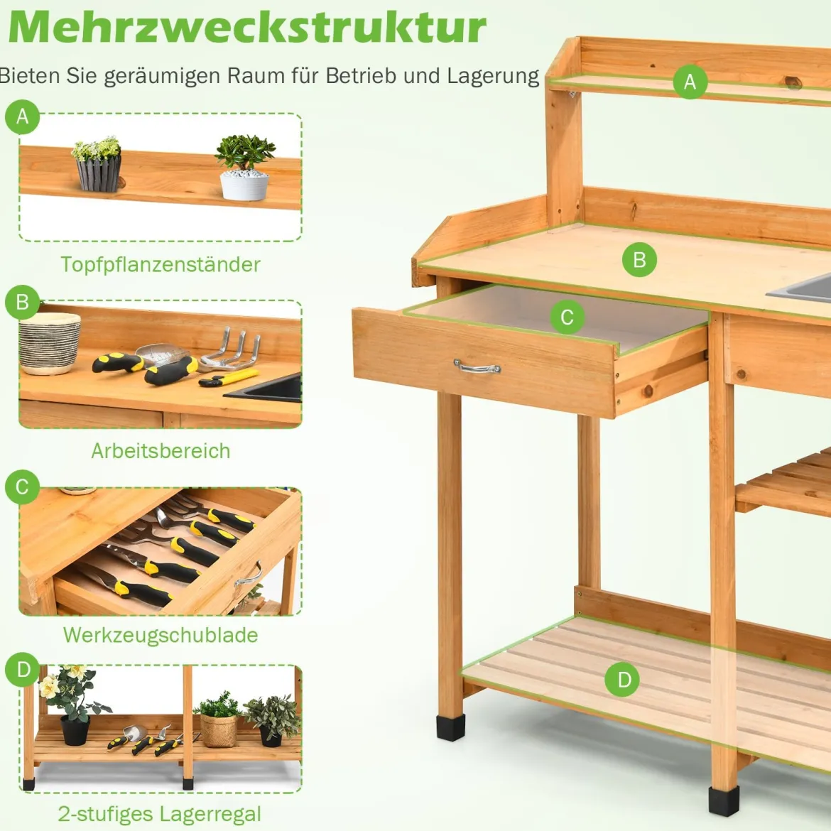 Hölzerne Pflanzbank Massivholz-Gartenarbeitstisch Pflanztisch Garten Arbeitstisch 115 x 45 x 121 cm Natur