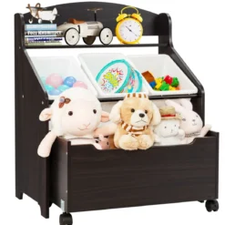 Hölzerner Kinderschrank mit Rollen Bücherregal & Spielzeugablage für Kinder Spielzeugschrank Braun