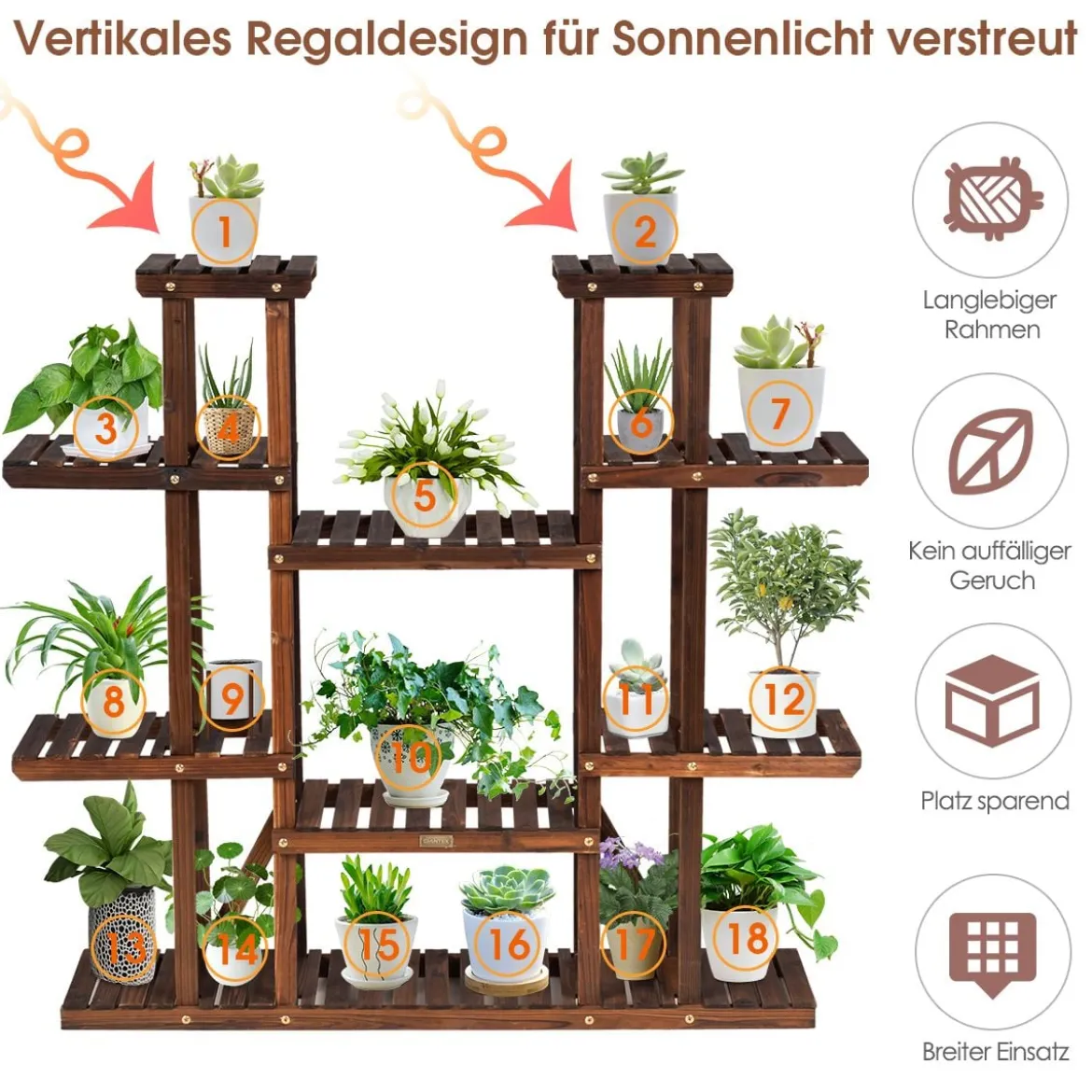 Hölzerner 9-stufiger Pflanzenständer Blumenregal Pflanzenregal 125 x 25 x 114 cm Braun