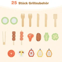 Hölzernes Grill-Spielset mit Spiel-Lebensmitteln & Grillwerkzeug & Zubehör Küchen Set
