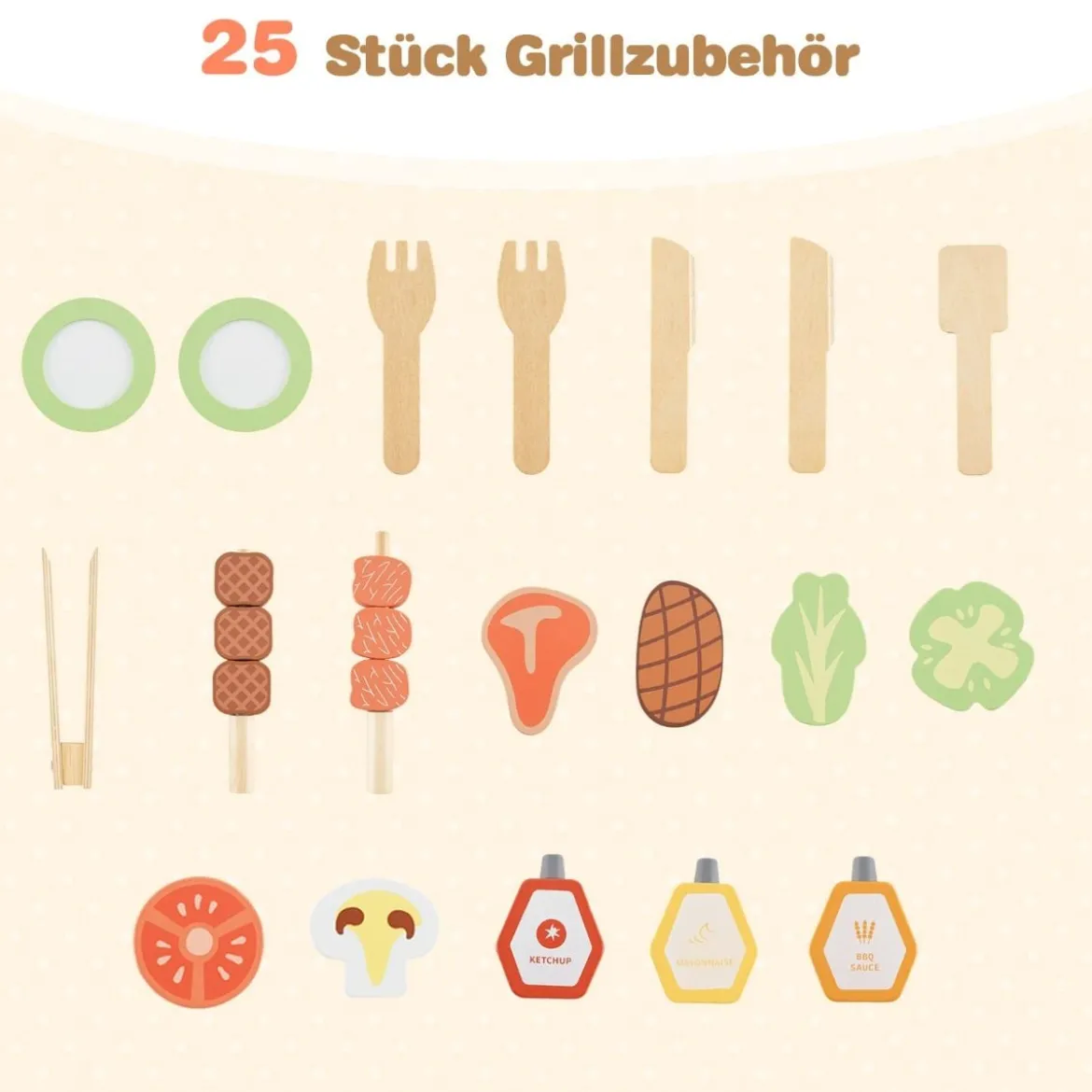Hölzernes Grill-Spielset mit Spiel-Lebensmitteln & Grillwerkzeug & Zubehör Küchen Set