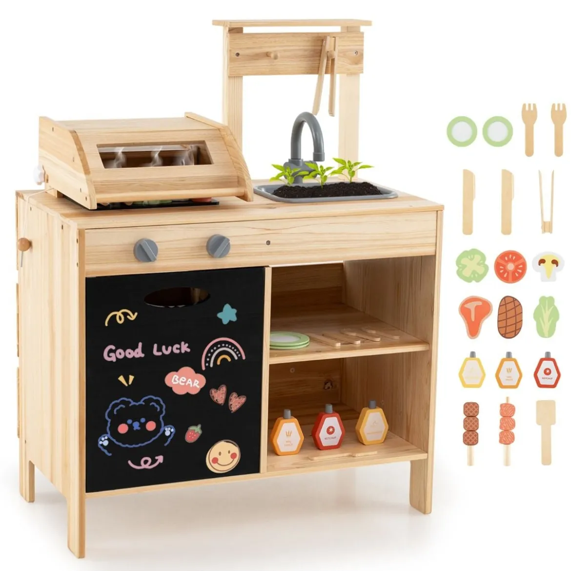 Hölzernes Grill-Spielset mit Spiel-Lebensmitteln & Grillwerkzeug & Zubehör Küchen Set