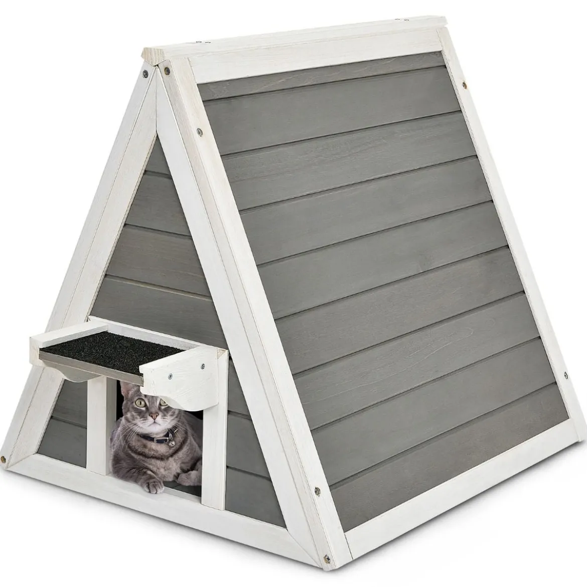 Hölzernes Katzenhaus mit Wetterfestem Dach 50 x 55 x 52 cm Grau + Weiß