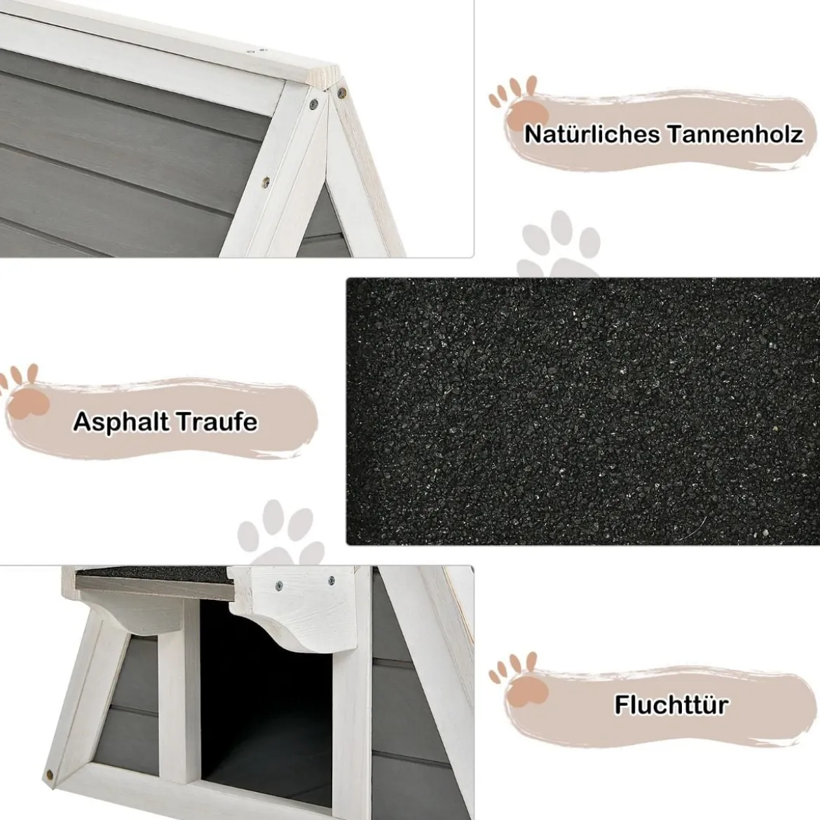 Hölzernes Katzenhaus mit Wetterfestem Dach 50 x 55 x 52 cm Grau + Weiß