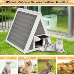 Hölzernes Katzenhaus mit Wetterfestem Dach 50 x 55 x 52 cm Grau + Weiß