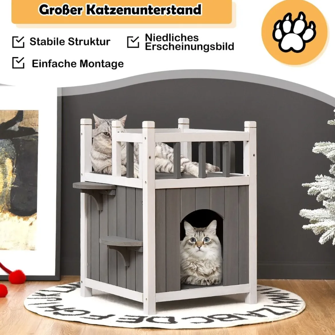 Hölzernes Katzenhaus Outdoor winterfest Katzenhütte 2 Ebenen Holz Katzenhöhle für draußen und drinnen