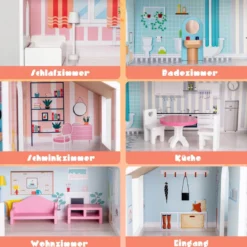 Hölzernes Puppenhaus mit 8-teiligem Möbelset für Kinder ab 3 Jahren 71 x 23,5 x 87 cm