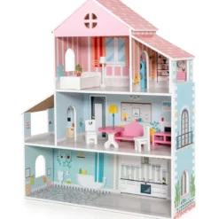 Hölzernes Puppenhaus mit 8-teiligem Möbelset für Kinder ab 3 Jahren 71 x 23,5 x 87 cm
