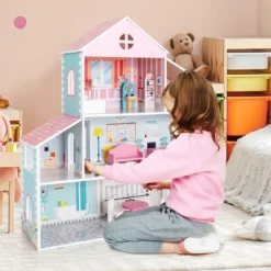 Hölzernes Puppenhaus mit 8-teiligem Möbelset für Kinder ab 3 Jahren 71 x 23,5 x 87 cm