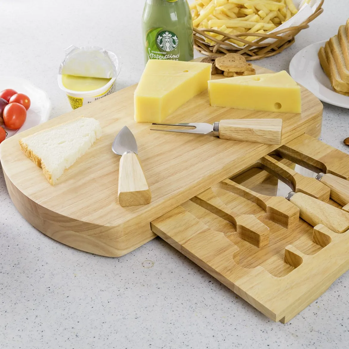 Hölzern Käsebrett & Messer Service-set Käseset Käseplatte Holz und 4tlg Besteck