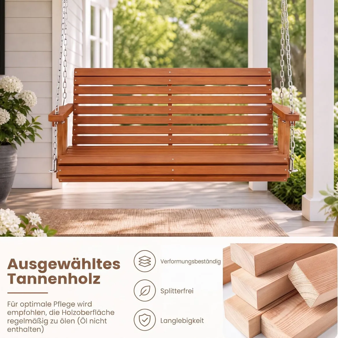 Hängebank Gartenschaukel für 2 Sitzer Schaukelbank aus Tannenholz bis 300 kg 120 x 62 x 49 cm
