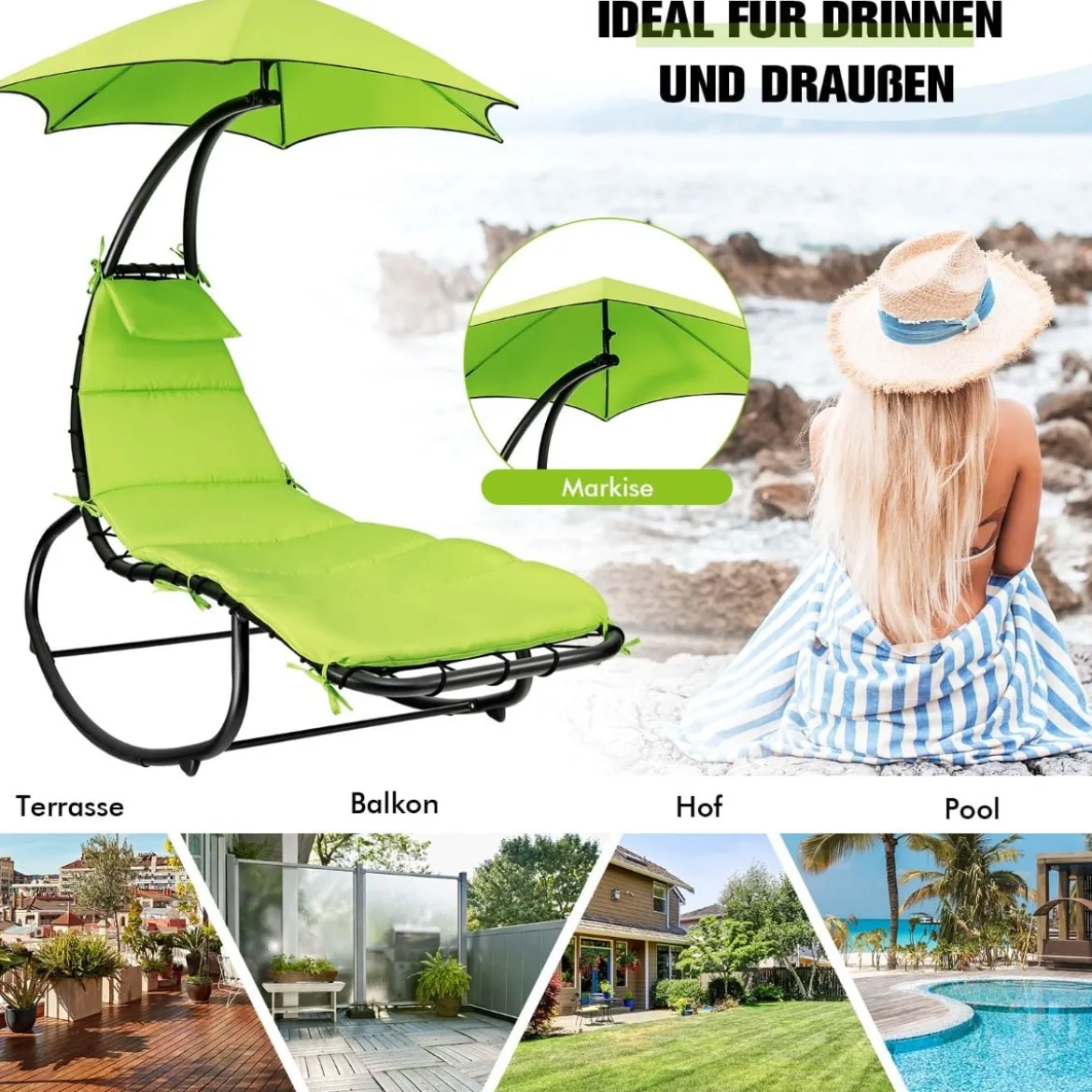 Hängeliege Schwebeliege mit Sonnenschirm und Auflage bis 150kg belastbar Grün