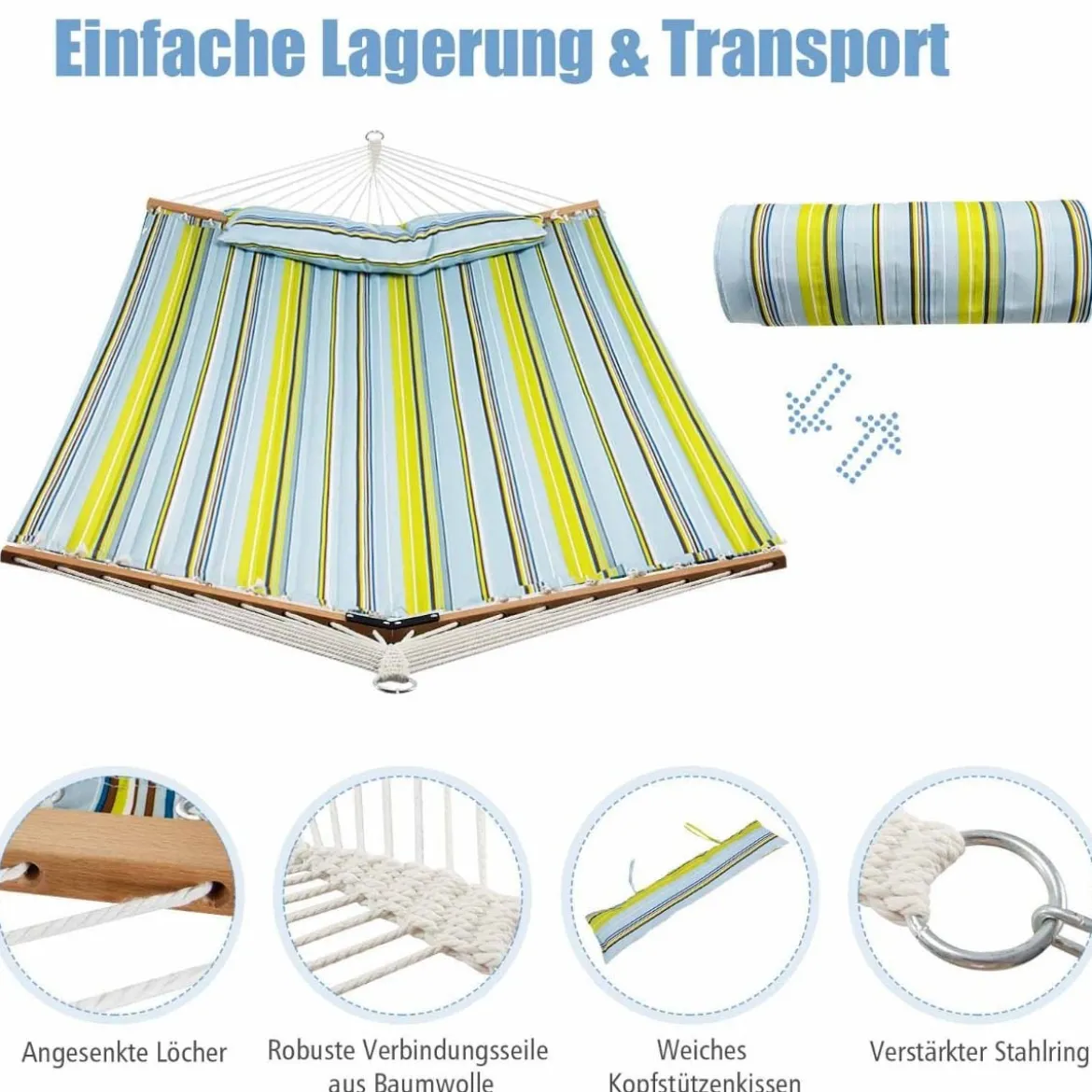 Hängematte mit Kissen Belastbarkeit bis 150 kg Liegefläche ca. 190 x 140 cm Hellblau