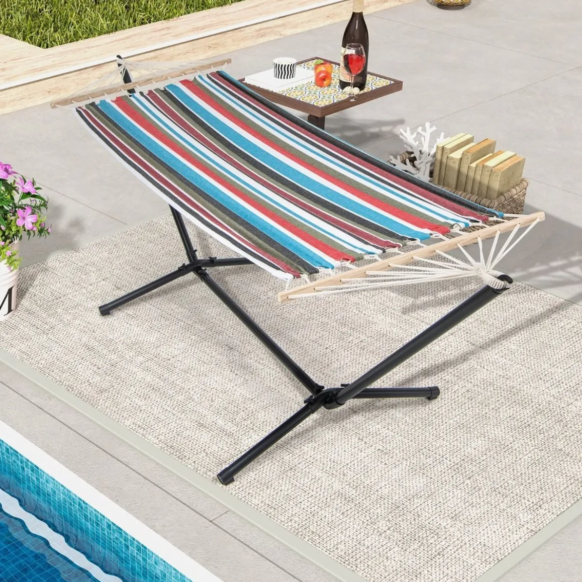 Hängematte mit Ständer & Tragetasche & Weicher Schlafmatte Outdoor Hängemattenbett bis 150 kg belastbar 100 x 210 cm