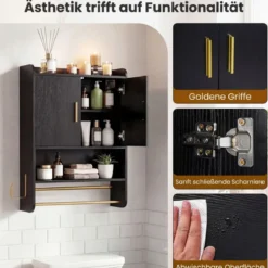 Hängender Badezimmerschrank 2 Türen Ablagen Handtuchhalter Verstellbar 55x20x80 cm Schwarz