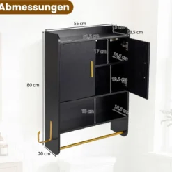 Hängender Badezimmerschrank 2 Türen Ablagen Handtuchhalter Verstellbar 55x20x80 cm Schwarz