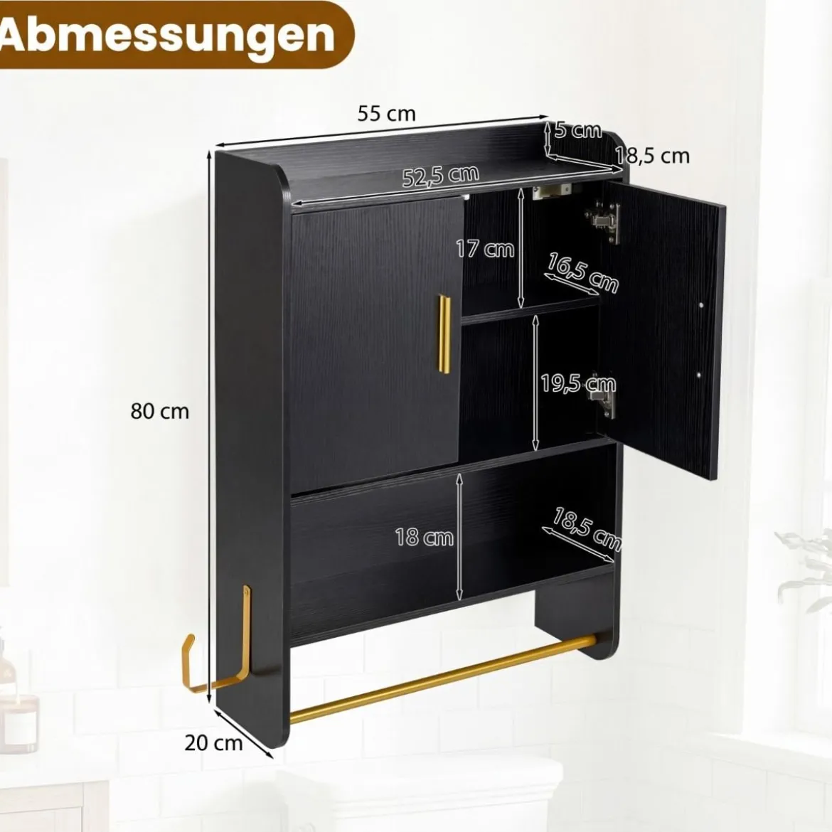 Hängender Badezimmerschrank 2 Türen Ablagen Handtuchhalter Verstellbar 55x20x80 cm Schwarz