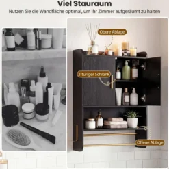 Hängender Badezimmerschrank 2 Türen Ablagen Handtuchhalter Verstellbar 55x20x80 cm Schwarz