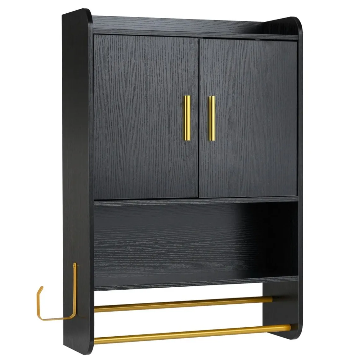 Hängender Badezimmerschrank 2 Türen Ablagen Handtuchhalter Verstellbar 55x20x80 cm Schwarz