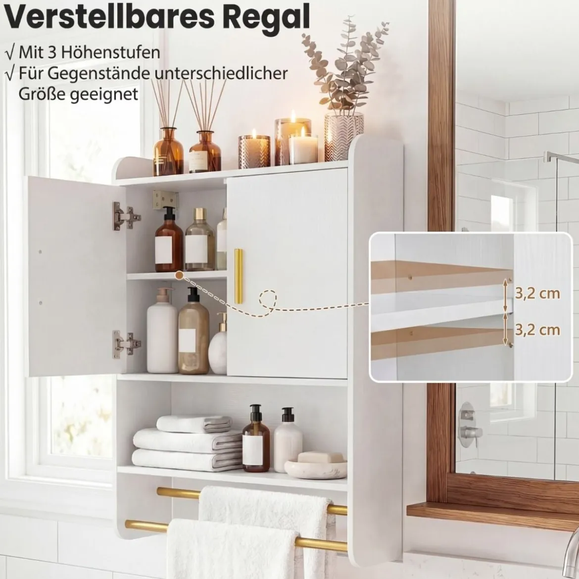 Hängender Badezimmerschrank 2 Türen Ablagen Handtuchhalter Verstellbar 55x20x80 cm Weiß