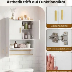 Hängender Badezimmerschrank 2 Türen Ablagen Handtuchhalter Verstellbar 55x20x80 cm Weiß