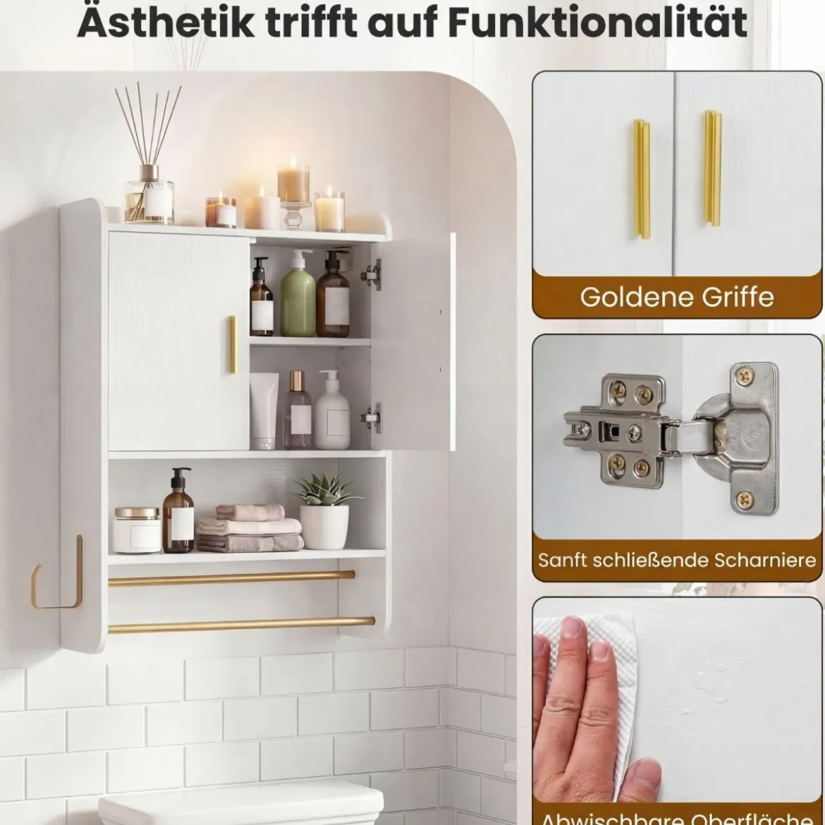 Hängender Badezimmerschrank 2 Türen Ablagen Handtuchhalter Verstellbar 55x20x80 cm Weiß