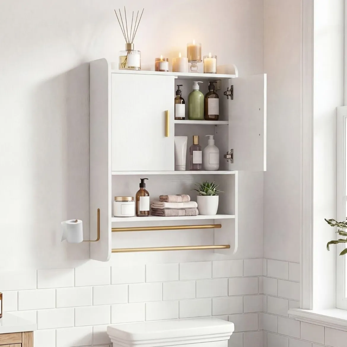 Hängender Badezimmerschrank 2 Türen Ablagen Handtuchhalter Verstellbar 55x20x80 cm Weiß