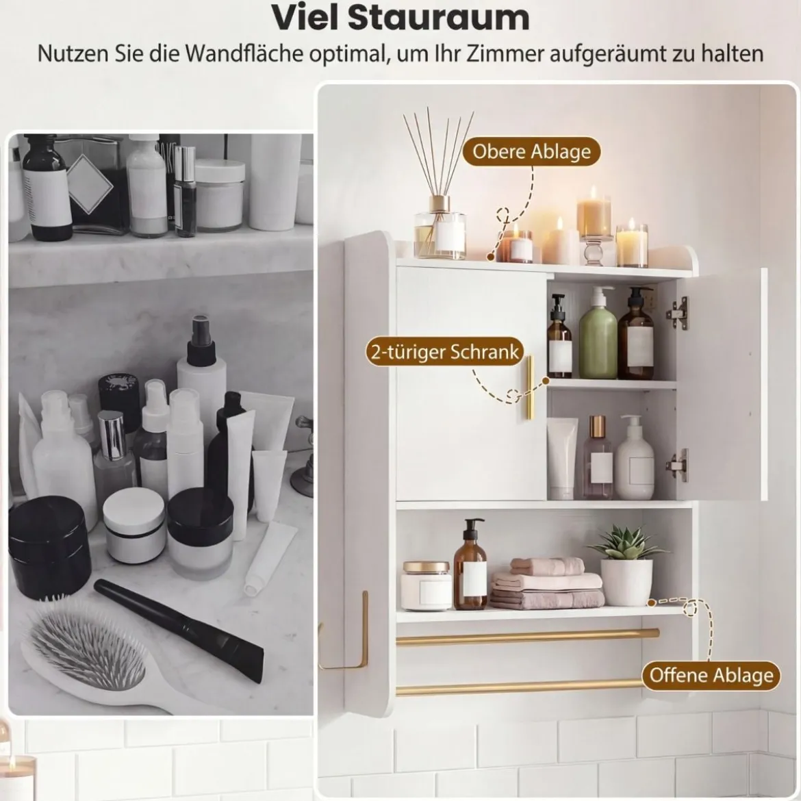 Hängender Badezimmerschrank 2 Türen Ablagen Handtuchhalter Verstellbar 55x20x80 cm Weiß