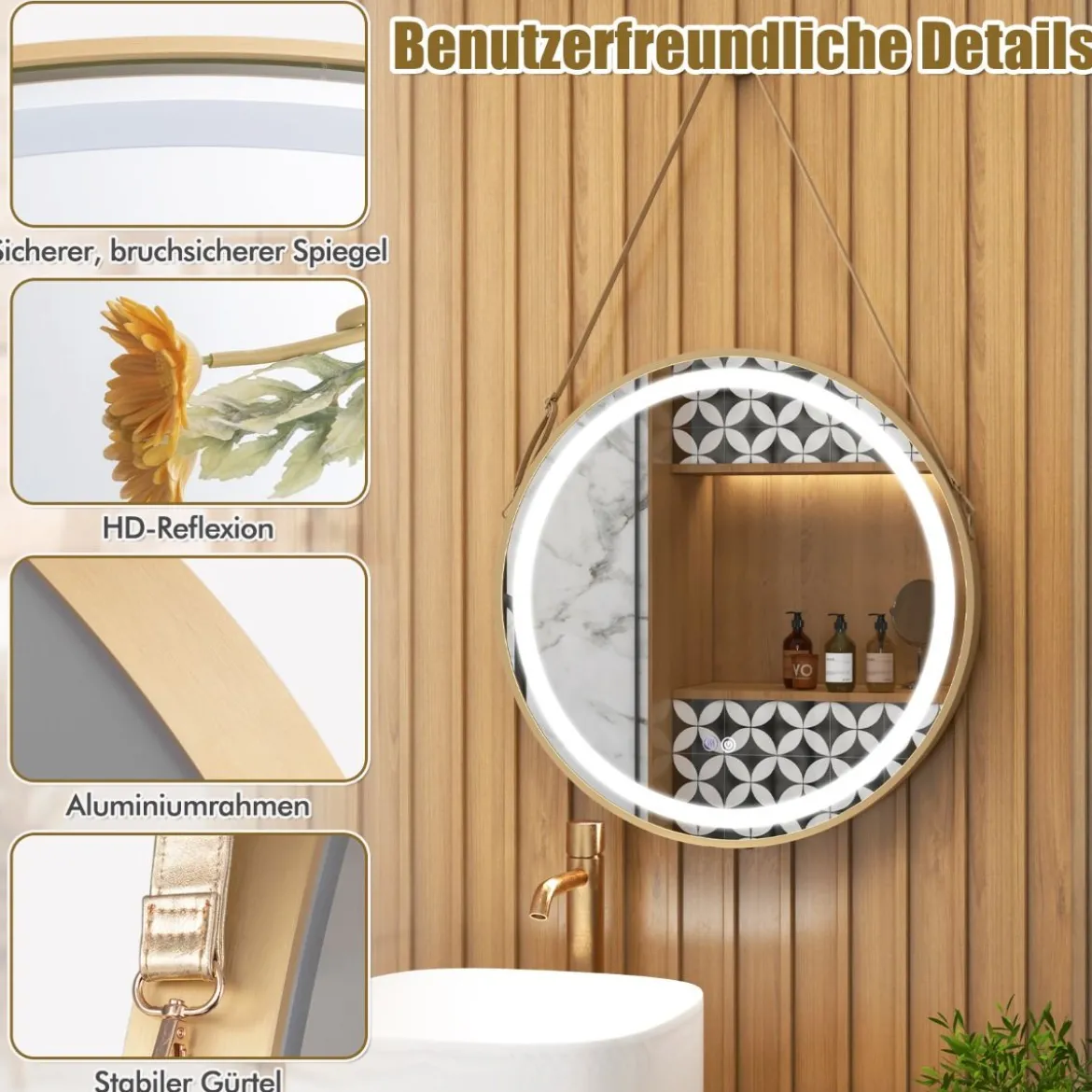 Hängender Badezimmerspiegel Touch-Schalter Antibeschlagfunktion hängend oder mit Aufhängegurt an der Wand
